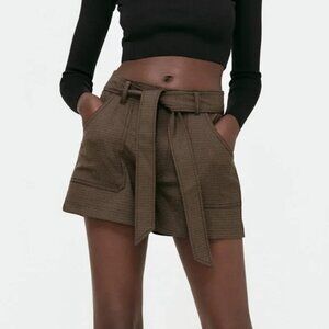 Zara | Brown Plaid Shorts with Tie Belt, size XL